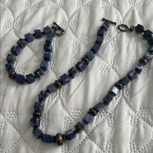Blue Stone Bead Necklace and Bracelet Set